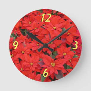 Red Poinsettias I Christmas Holiday Floral Foto Runde Wanduhr