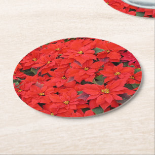 Red Poinsettias I Christmas Holiday Floral Foto Runder Pappuntersetzer