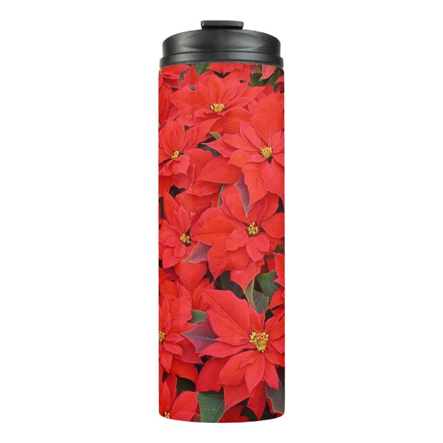 Red Poinsettias I Christmas Holiday Floral Foto Thermosbecher (Vorderseite)