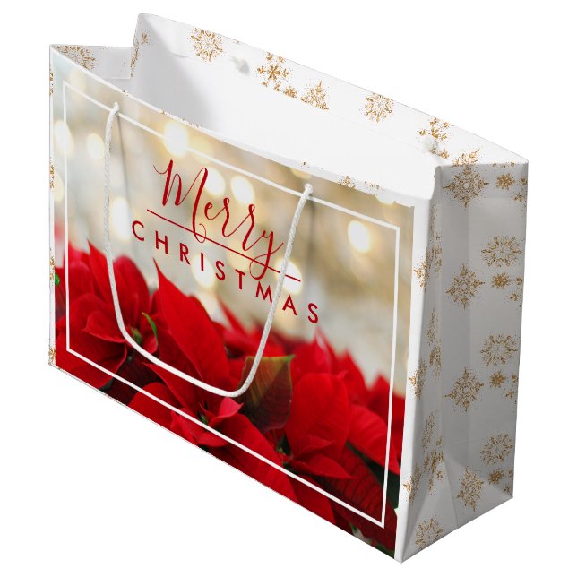 Red Poinsettias mit Golden Bokeh Weihnachten Große Geschenktüte (Vorderseite Schrägansicht)