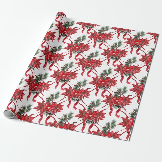 Red Poinsettias Ribbon Bows Lattice Geschenkpapier (Ungerollt)