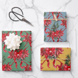 Red Poinsettias Ribbon Bows Lattice Green Red Gold Geschenkpapier Set
