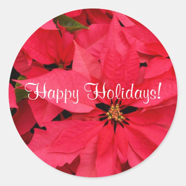 Red Poinsettias Small Happy Holidays Stickers (Vorderseite)