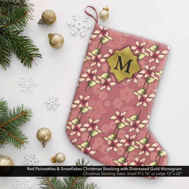 Red Poinsettias & Snowflakes Gold Monogramm Kleiner Weihnachtsstrumpf (Red Poinsettias & Snowflakes Christmas Stocking with Distressed Gold Monogram)
