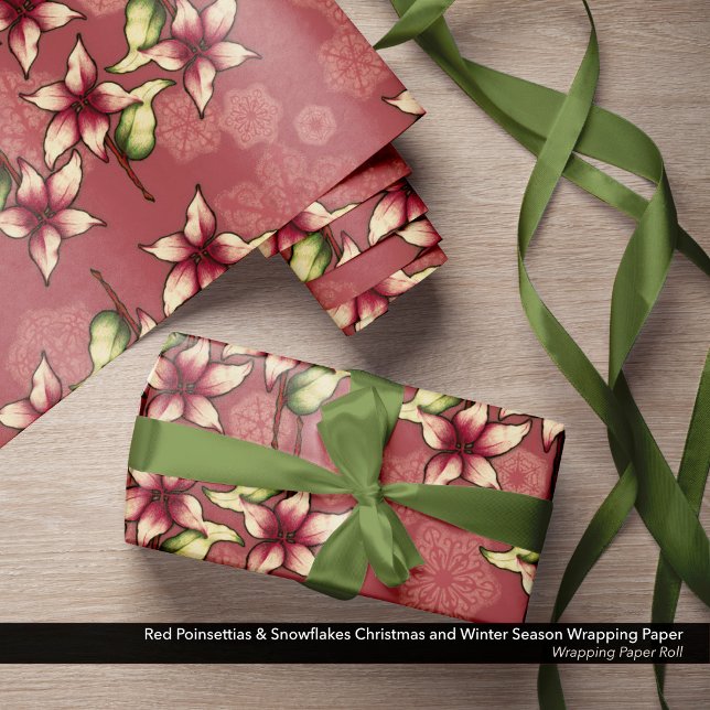 Red Poinsettias & Snowflakes Weihnachten Geschenkpapier (Red Poinsettias & Snowflakes Christmas and Winter Season Wrapping Paper Roll)