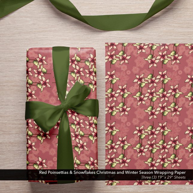 Red Poinsettias & Snowflakes Weihnachten Winter Geschenkpapier Set (Red Poinsettias & Snowflakes Christmas and Winter Season Wrapping Paper Sheets)