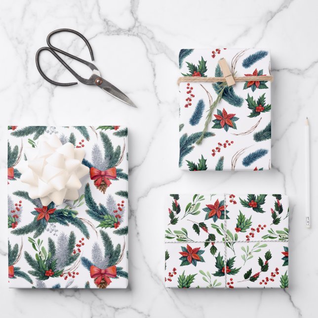 Red Poinsettias Spruce Boughs und Holly Christmas Geschenkpapier Set (Vorderseite)