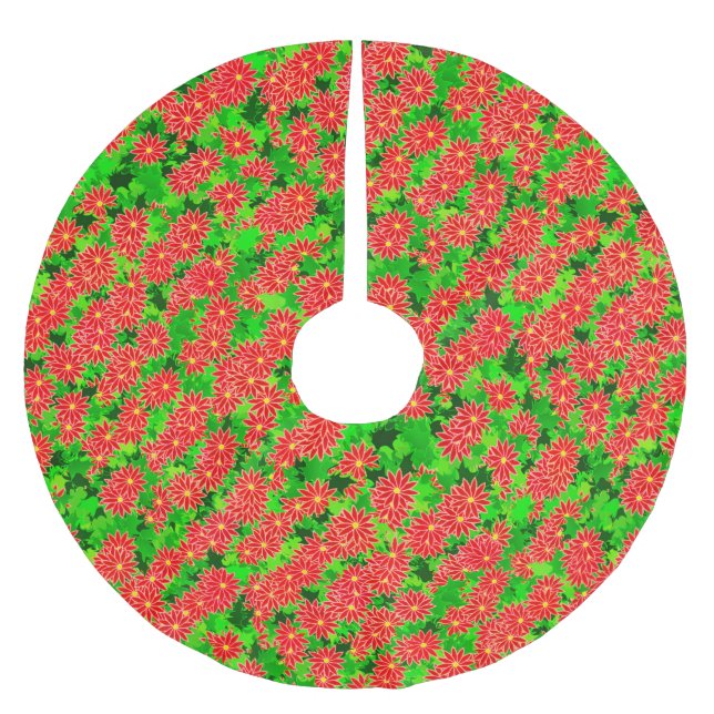 Red Poinsettias und Green Holly Polyester Weihnachtsbaumdecke (Vorderseite)