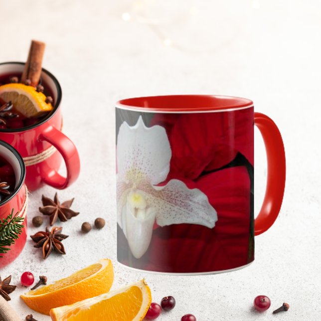Red Poinsettias und Lady Slipper Orchid Holiday Tasse (In Situ Holidays)