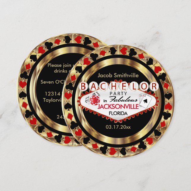 Red Poker Chip Bachelor Party - DIY City & Staat Einladung (Vorne/Hinten)