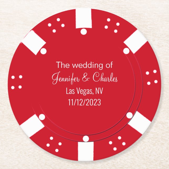 Red Poker Chip Casino Hochzeit Runder Pappuntersetzer (Vorderseite)