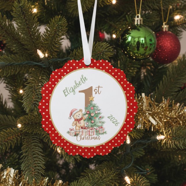 Red Polka Dot Erstes Weihnachtsdesign Ornament Karte (Baby's first Christmas paper ornament)
