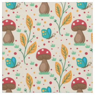 Red Polka Dot Mushrooms & Butterflies Muster Stoff