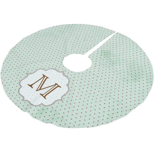 Red Polka Dot on Blue Monogram Initial Tree Skirt Polyester Weihnachtsbaumdecke (Schrägansicht)