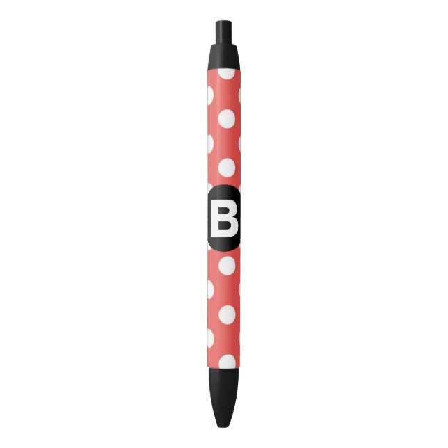 Red Polka Dot Pattern Black Monogram Kugelschreiber (Vorderseite Vertikal)