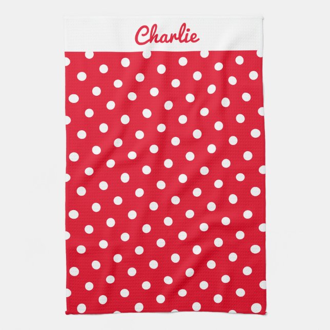 Red Polka Dot Pattern Stilvolle Personalisierte Kü Geschirrtuch (Vertikal)