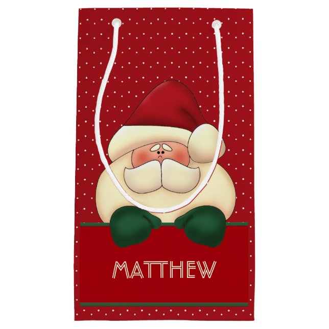 Red Polka Dot Santa mit Grünen Mitten und Name Kleine Geschenktüte (Vorderseite)