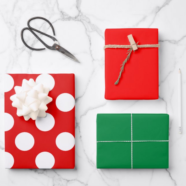 Red Polka Dot Solid Green Holiday Geschenkpapier Set (Vorderseite)