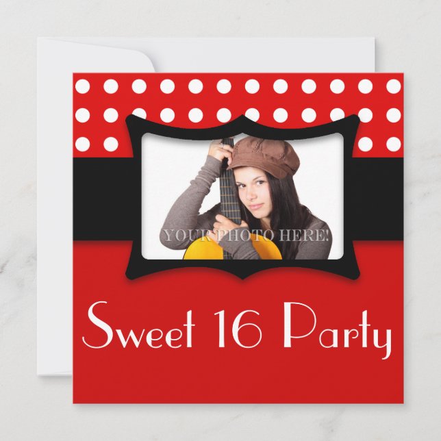 Red Polka Dot Sweet 16 Foto Einladung (Vorderseite)