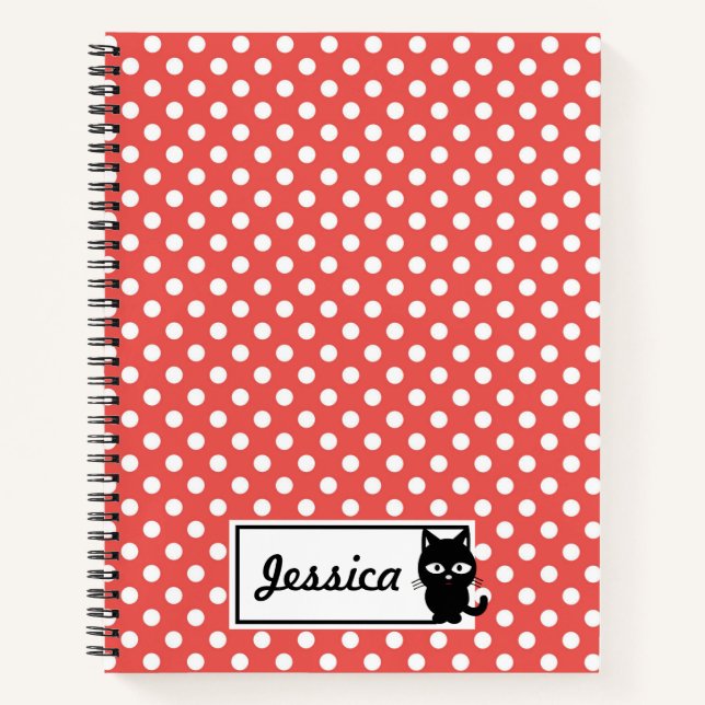 Red Polka Dot und Black Cat Personalisiert Notizbuch (Vorderseite)