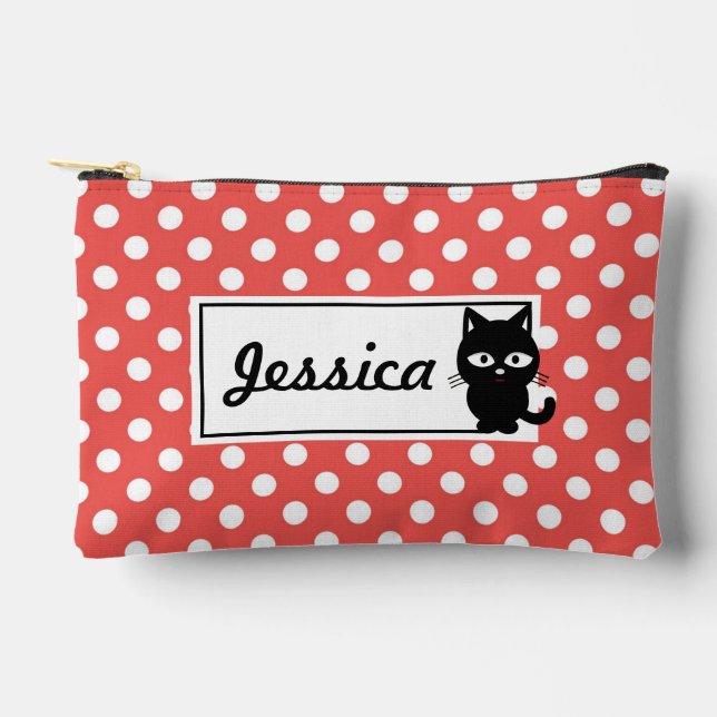Red Polka Dot und Black Cat Personalisiert Zubehörtasche (Vorderseite)