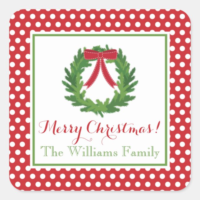 Red Polka Dot, Weihnachtskronensticker Quadratischer Aufkleber (Vorderseite)