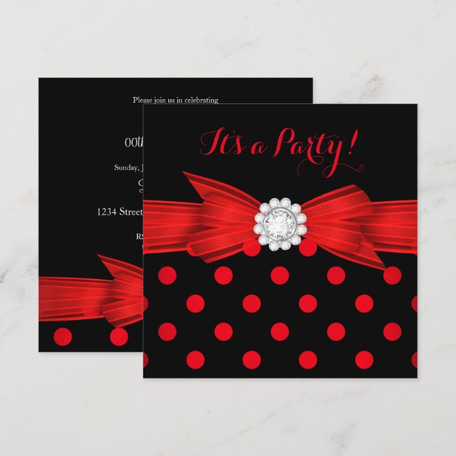 Red Polka Dots Diamond Bow Black Party Einladung (Vorne/Hinten)