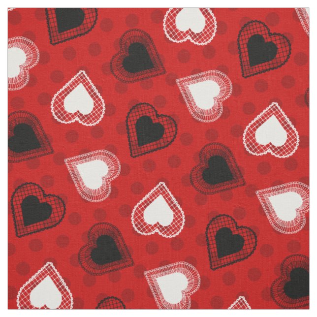 Red Polka Dots Lace Hearts Stoff (Muster)