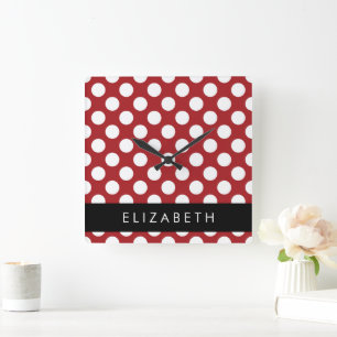 Red Polka Dots, Polka Dot Pattern, Ihr Name Quadratische Wanduhr