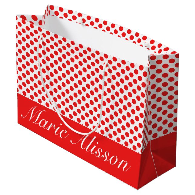 Red Polka Punkte | benutzerspezifische Monogramm Große Geschenktüte (Rückseite Schrägansicht)