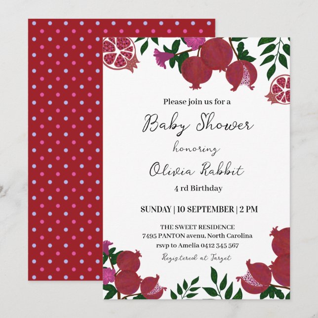 Red Pomegranate Moody Frucht Baby Party Einladung (Vorne/Hinten)