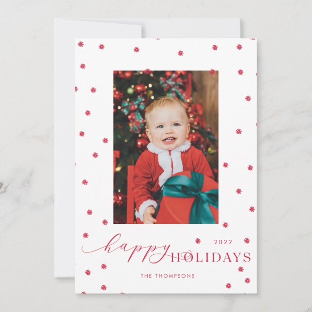 Red Pompoms Polka Dot Foto Holiday Card Einladung (Vorderseite)