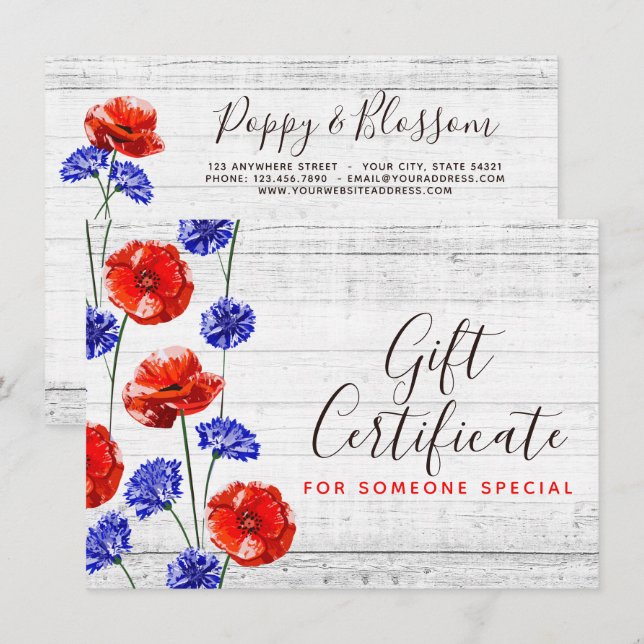 Red Poppe Cornflower Rustic Geschenkgutschein Einladung (Vorne/Hinten)