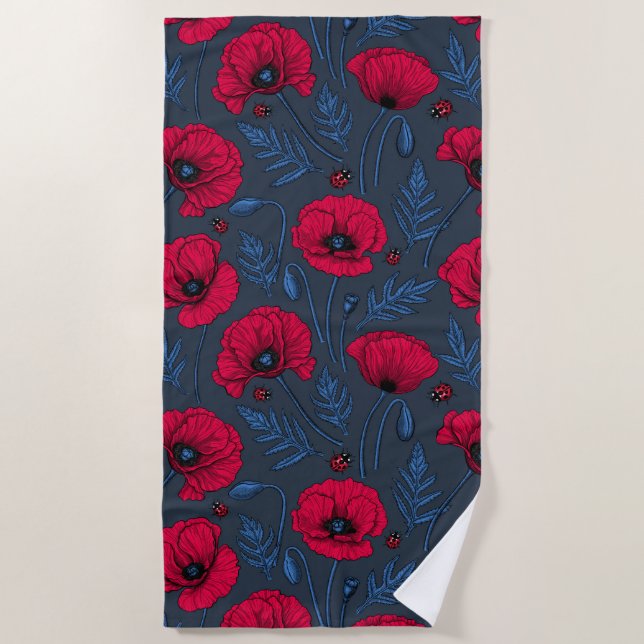 Red poppies and ladybugs on dark blue strandtuch (Vorderseite)