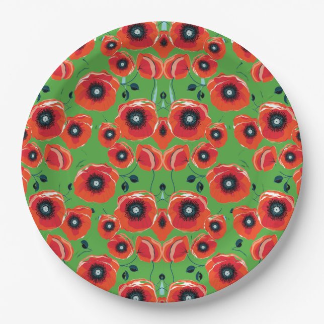 Red Poppies Apple Green Pappteller (Vorderseite)