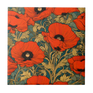 Red Poppies Art Nouveau Pattern Fliese