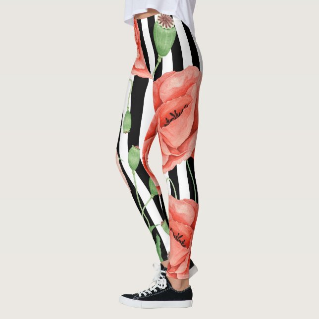 Red Poppies Black Stripes Chic Leggings (Links)
