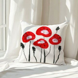 Red Poppies Boho Modernes Blumenmuster Kissen