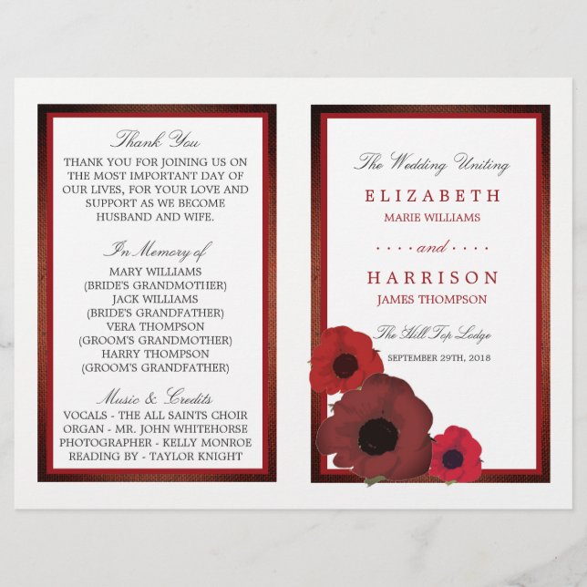Red Poppies et Burlap Mariage Programme biné (Devant)