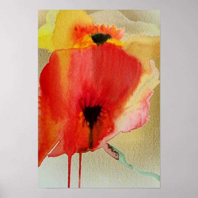 Red Poppies fließendes Aquarell Moderne Blume Poster (Vorne)