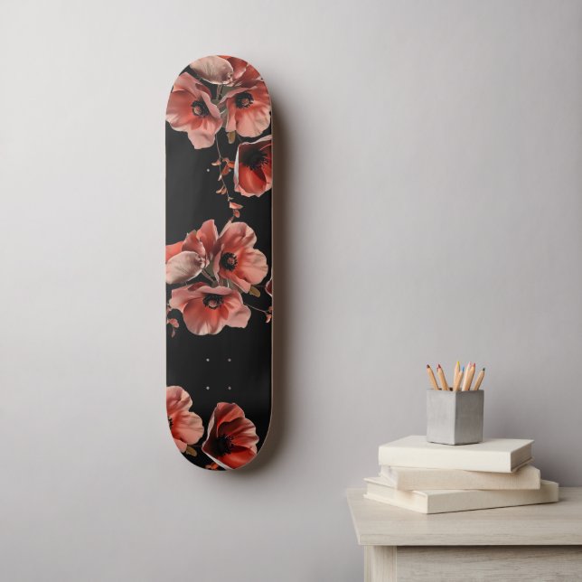 Red Poppies Flowers Black Skateboard (Wandkunst)