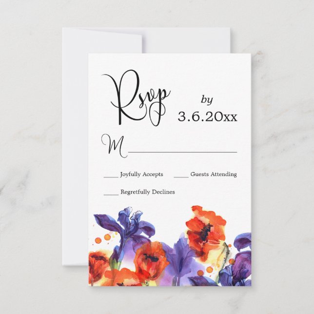 Red Poppies, Lila Iris Watercolor Wedding RSVP (Vorderseite)