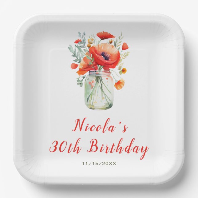 Red Poppies Mason Jar Birthday Pappteller (Vorderseite)