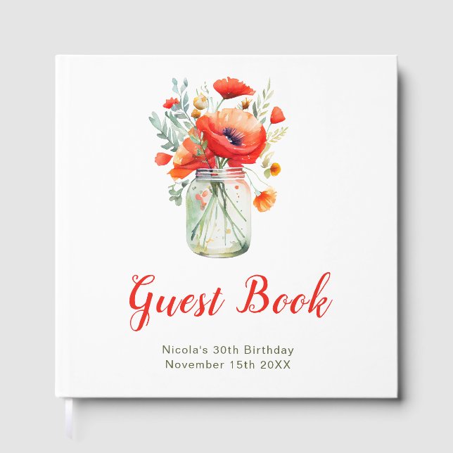 Red Poppies Mason Jar Birthday Party Gästebuch (Vorderseite)
