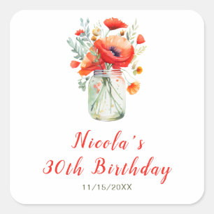 Red Poppies Mason Jar Birthday Quadratischer Aufkleber