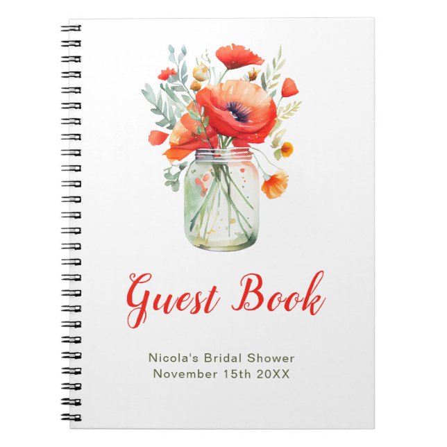 Red Poppies Mason Jar Bridal Shower Guest Book Notizblock (Vorderseite)
