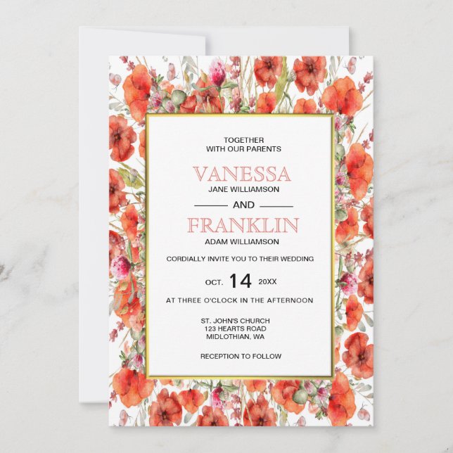 Red Poppies mit Gold Frame Wedding Einladung (Vorderseite)