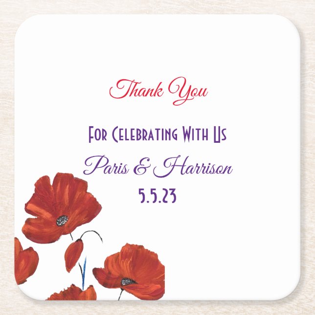 Red Poppies Moderne Hochzeit Rechteckiger Pappuntersetzer (Vorderseite)