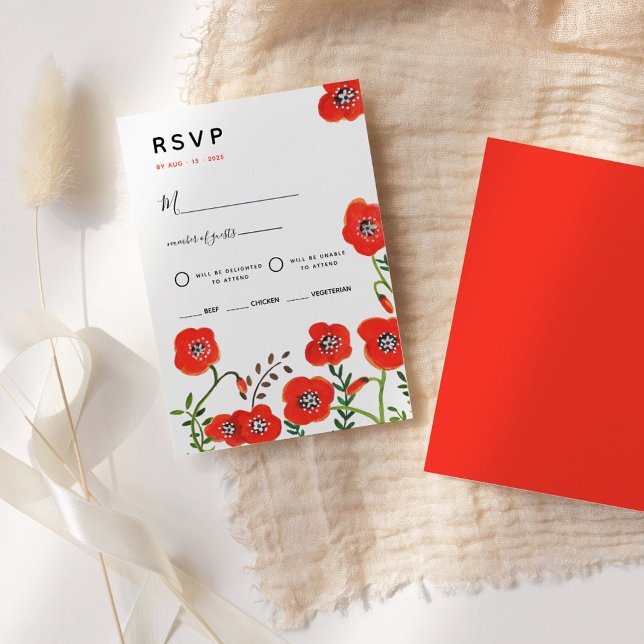 Red poppies moderne mariage floral carte RSVP (Red poppies modern floral wedding RSVP Card)