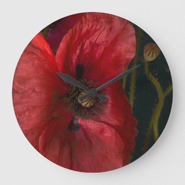Red Poppies On Black Große Wanduhr (Vorderseite)